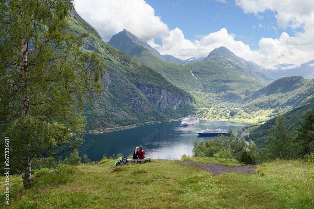 Tourists visiting Geiranger and Geirangerfjord, Norway