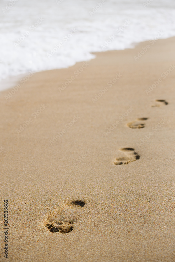 Footprints on the sandy beach of the sea