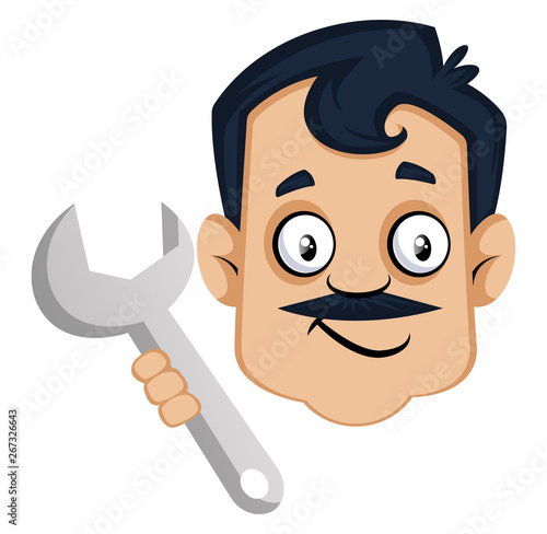 Man is holding wrench, illustration, vector on white background.