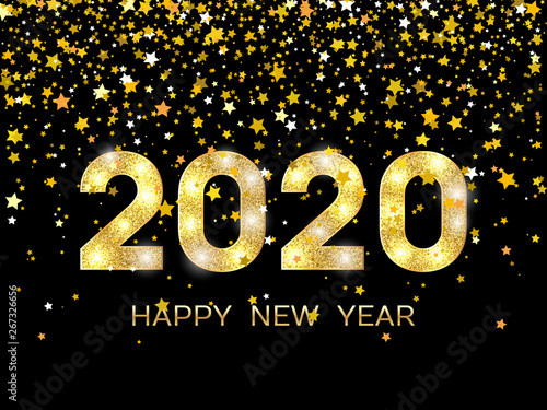 2020 Happy New Year. Golden numbers and stars on dark background. New Year 2020 greeting card.