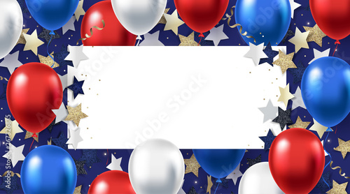Fourth of July background. American Independence Day vector illustration. Formal greeting design in national colors with realistic flying helium balloons, shining stars, glitter and place for text