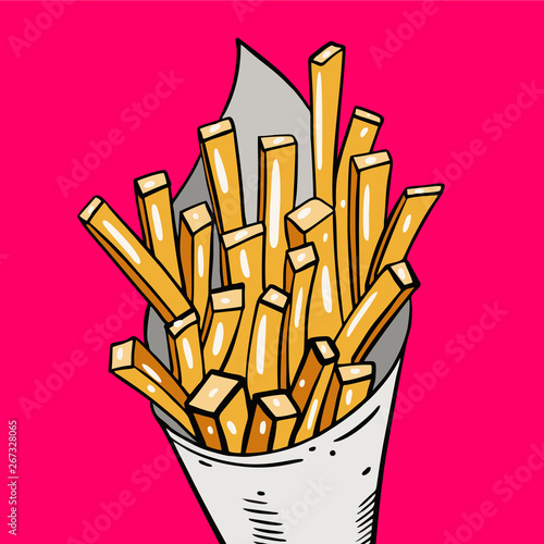 French fries cartoon style. Hand drawn vector illustration. Isolated on pink background.