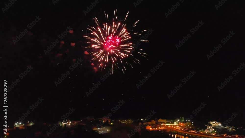 Fireworks over the city. Air shooting from the drone Fireworks over the city. Air shooting from the drone