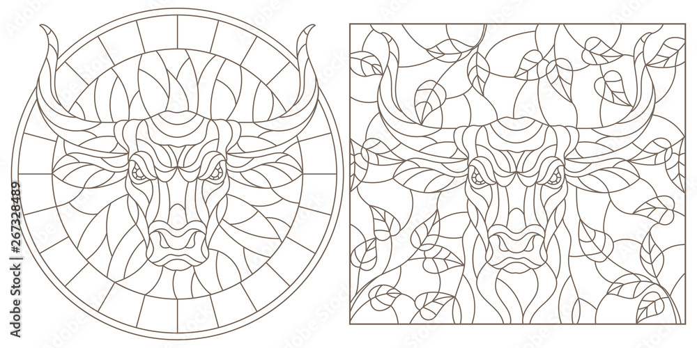 A set of contour illustrations of stained glass Windows with a bull's head, round and rectangular image, dark contours on a white background