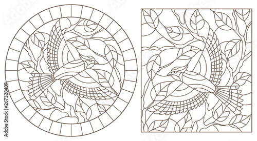 A set of contour illustrations of stained glass Windows with birds on the background of branches and leaves , dark contours on a white background