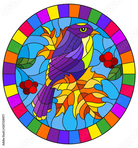 Illustration in the style of stained glass with a beautiful bright purple  bird  on a  background of branch of tree and sky,oval image in bright frame
