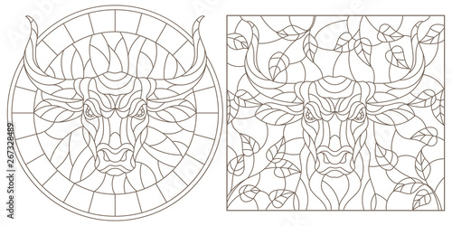 A set of contour illustrations of stained glass Windows with a bull's head, round and rectangular image, dark contours on a white background