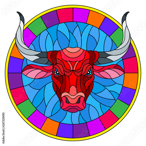 Illustration in stained glass style with red  bull head in round frame on white background