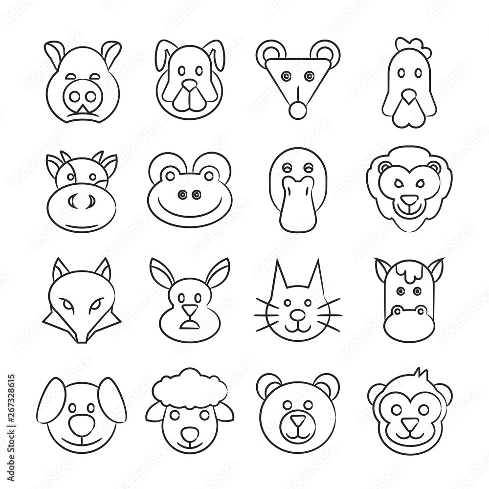 animal head icons set in thin line style animal head icons set in thin line style