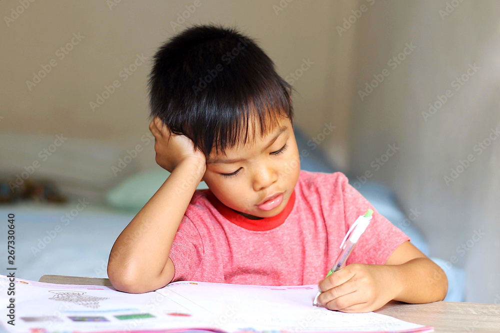 Asian child boy doing homework. He writing on a book. Kid and education concept. Asian child boy doing homework. He writing on a book. Kid and education concept.