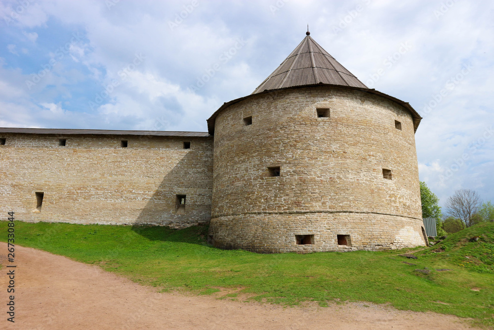 Round tower of medieval russian fortification lanmark old ladoga fortress