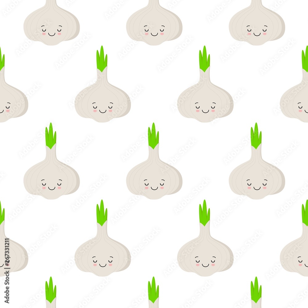 Garlic, vector seamless pattern with cute cartoon vegetable characters isolated on white Garlic, vector seamless pattern with cute cartoon vegetable characters isolated on white