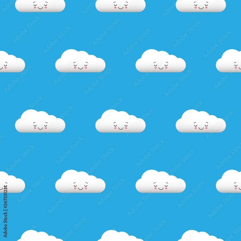 Kawaii funny white clouds set, muzzle with pink cheeks and winking eyes. Seamless pattern on blue background. Kawaii funny white clouds set, muzzle with pink cheeks and winking eyes. Seamless pattern on blue background.