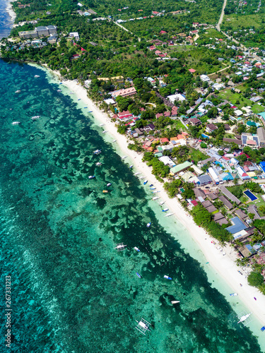 Aerial Drone Picture of the white sand Alona beach in Bohol, Panglao, Philippines