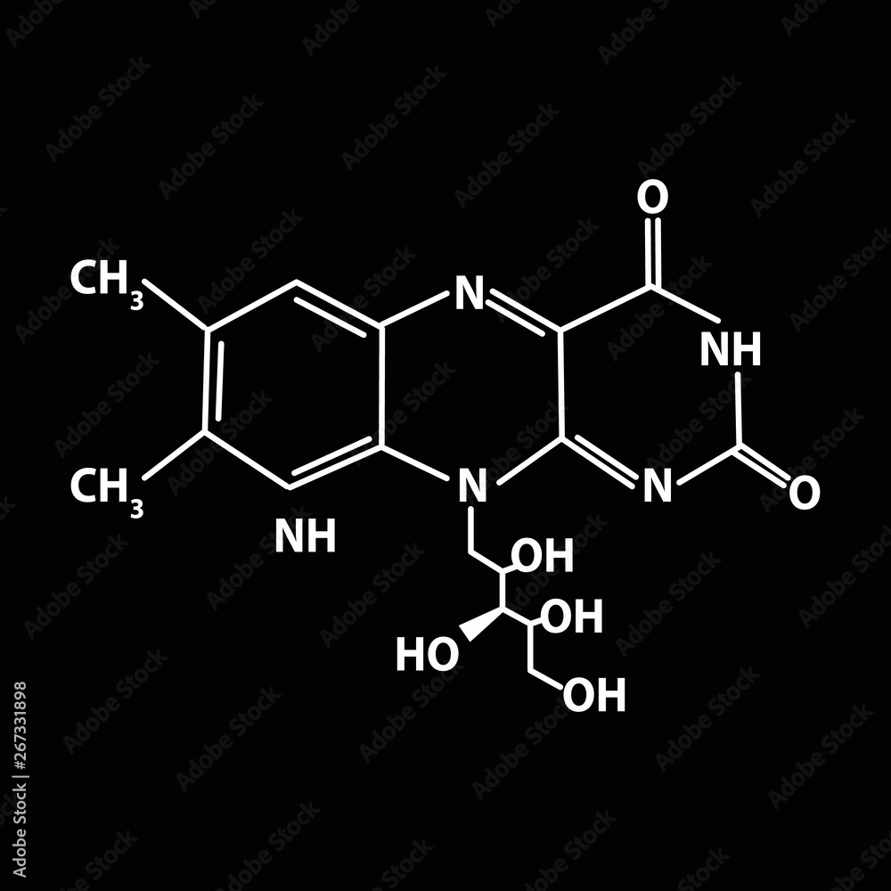 Fototapeta premium Vitamin B2. riboflavin Molecular chemical formula. Infographics. Vector illustration on black background.