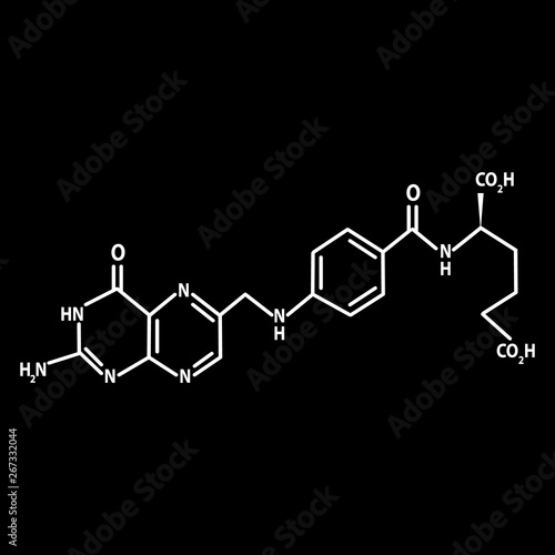 Vitamin B9. Folic acid Molecular chemical formula. Infographics. Vector illustration on black background.