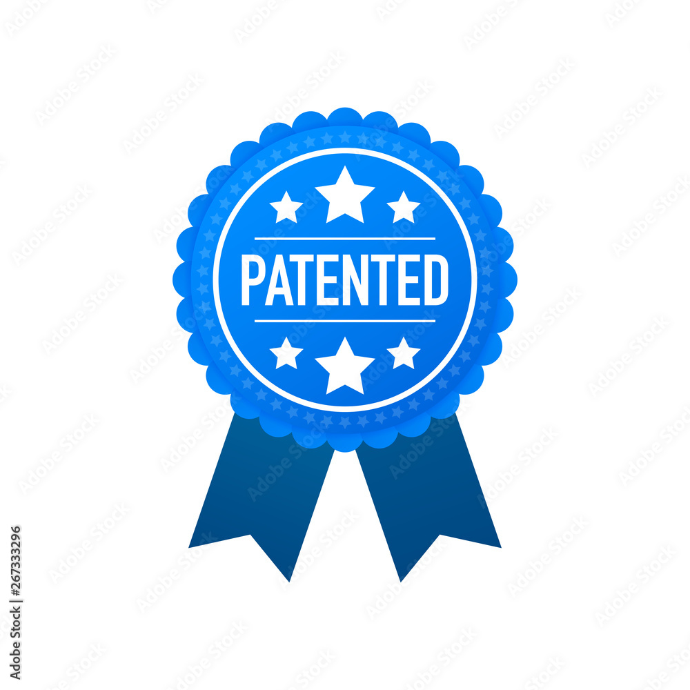 Blue patented label on white background. Vector stock illustration. Blue patented label on white background. Vector stock illustration.
