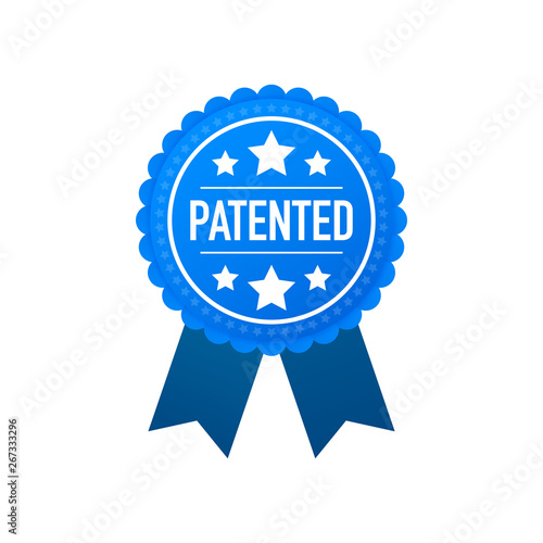 Blue patented label on white background. Vector stock illustration.