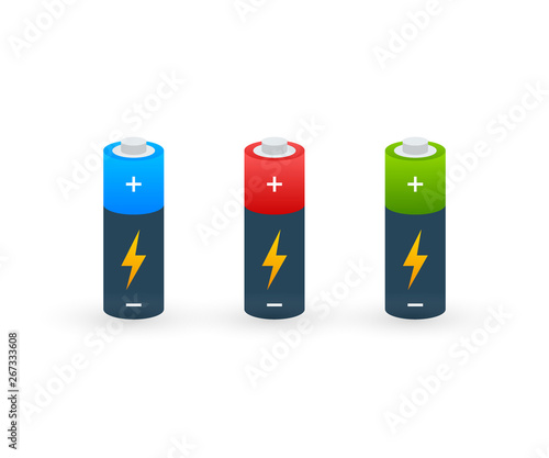 Alkaline batteries realistic style set of different size. Vector stock illustration.