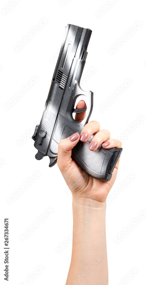 Hand with black gun, side view pistol, crime and military concept. Hand with black gun, side view pistol, crime and military concept.