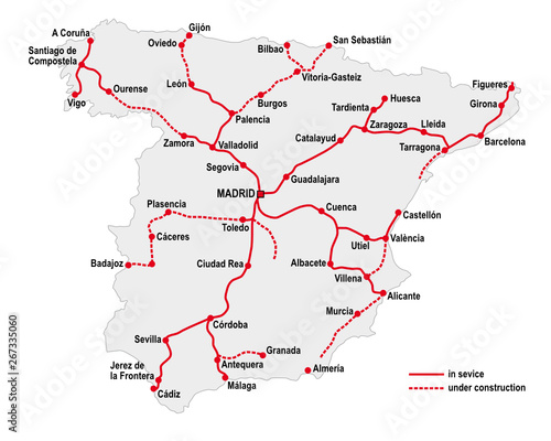 Map of the high speed railway lines in spain