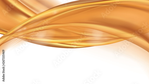 Orange golden flowing liquid vector abstract background. Streams of oil, honey or fluid on light background with white element. Template for cosmetic or sale banner or flyer.