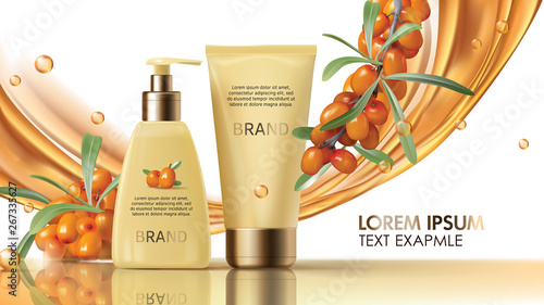 Sea buckthorn cosmetics vector realistic ads poster. Elegant packaging with cosmetic cream or lotion, branch with juicy orange seaberry, olive green leaves and flowing golden oil, magazine mockup