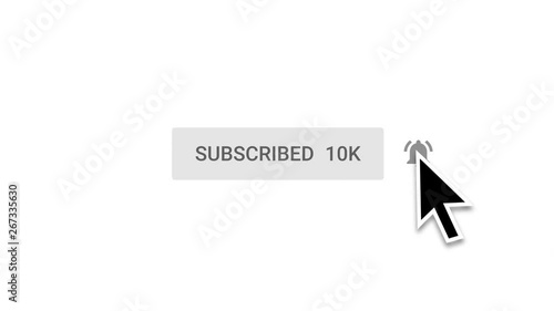 Reaching 10k subscribers.A Mouse pointer arrow clicking on Subscribe Button and then Bell Notification. White isolated Background. Minimalist.