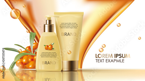 Sea buckthorn cosmetics vector realistic ads poster. Elegant packaging with cosmetic cream or lotion, branch with juicy orange seaberry, olive green leaves and flowing golden oil, magazine mockup