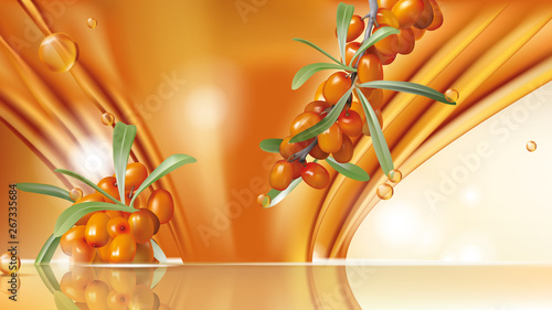 Sea buckthorn vector realistic ads poster. Branch with juicy orange seaberry, olive green leaves, flowing golden oil and flying oil drops on glowing glossy background, magazine mockup, banner ad