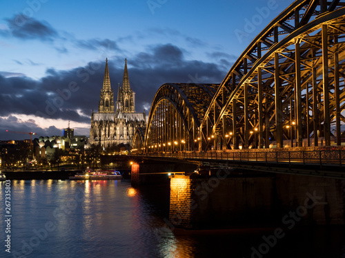 December  2018  Night view of Hohenzollern Bridge and the cathedral in Cologne  Germany