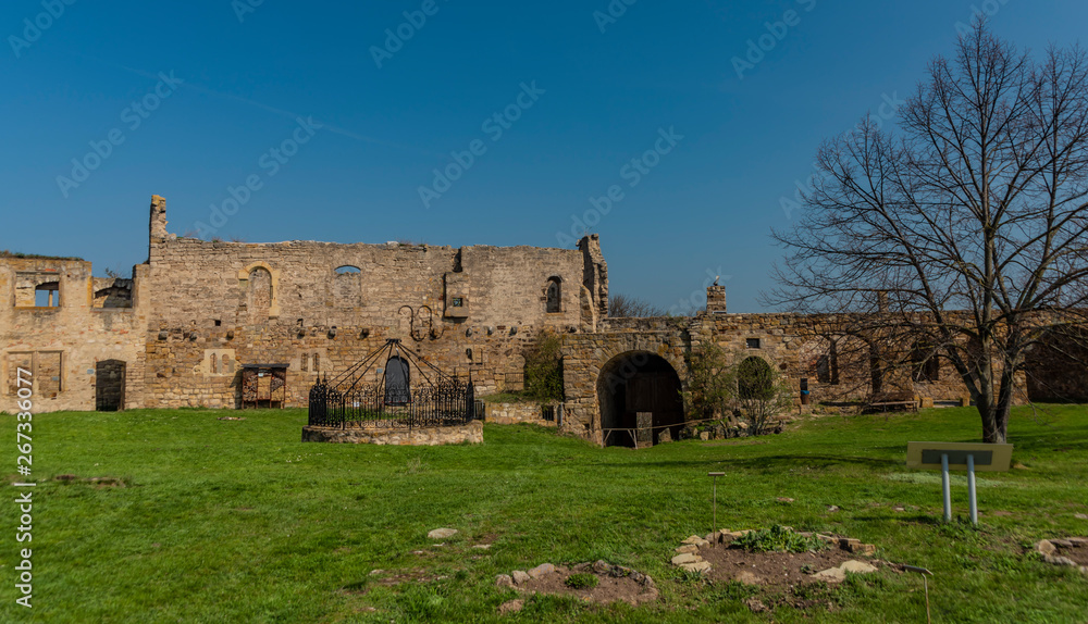 Interior of castle Gleichen in Germany with blue sky in spring time