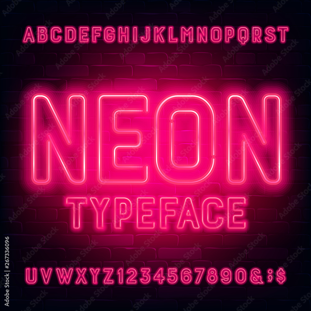 Neon alphabet font. Red light bulb letters and numbers. Brick wall background. Stock vector typeface for your typography design.