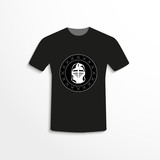 Black T-shirt with the image of a knight's helmet and crossed swords. Vector illustration.