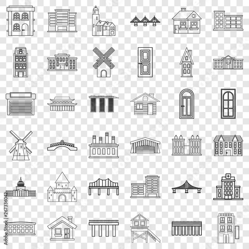 Bungalow icons set. Outline style of 36 bungalow vector icons for web for any design