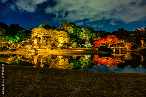 Tokyo, Japan - December 5, 2017: illumination at Japanese garden in autumn color