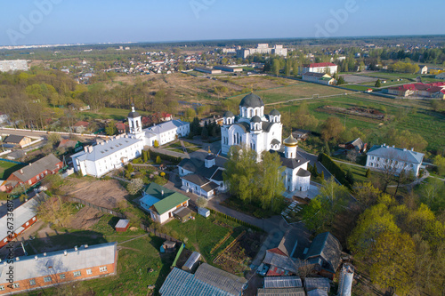View of the Savior-Euphrosyne nunnery on a sunny April day (aerial photography). Polotsk, Belarus