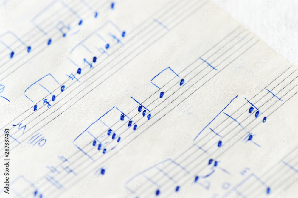 Fragment of an old musical notebook with hand written notes close up Fragment of an old musical notebook with hand written notes close up