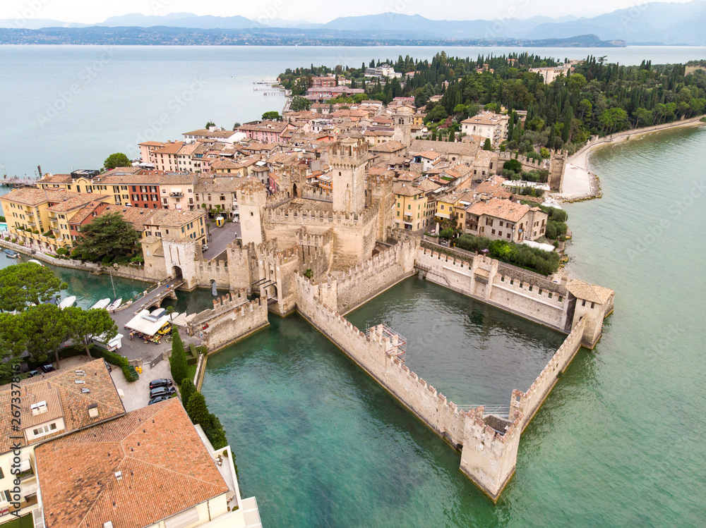 Aerial view of Sirmione, an ancient village on southern Garda Lake. Brescia province, Lombardy, Italy. September, 2018