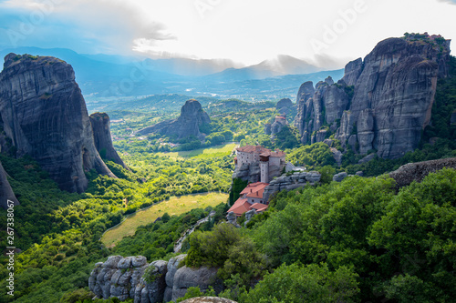 Majestic panoramic landscape of the Meteora cliffs and monatery, Greece