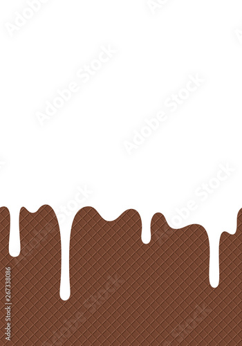 White Flowing Glaze on Chocolate Wafer Background. Seamless Illustration for Banners. Sweet Ice Cream Texture Design