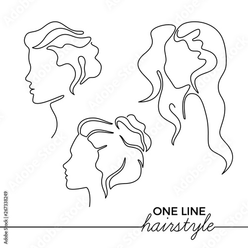 Continuous Line Illustration with Female Profiles and Hairstyles. Minimalist Art. Vector Logo Template