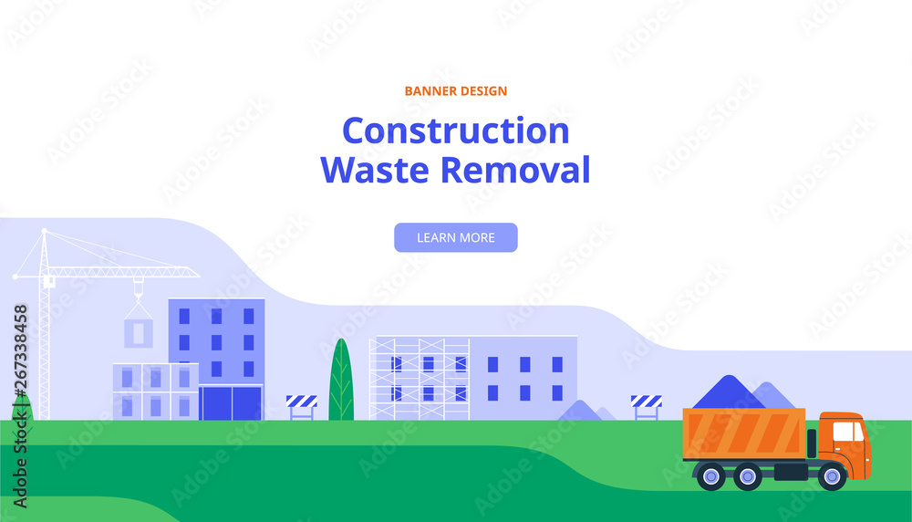 A Large Truck Takes Out Construction Debris. Vector Illustration in Flat Style. Banner with Industrial Construction
