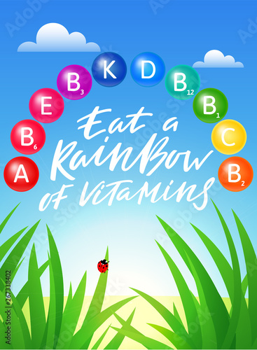 Eat a Rainbow of Vitamins Banner. Conceptual Creative Poster in Vector . Bright Healthy Lifestyle Illustration