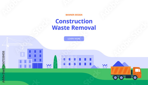 A Large Truck Takes Out Construction Debris. Vector Illustration in Flat Style. Banner with Industrial Construction
