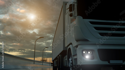 Truck speeding on the highway, low-angle shot. Transportation, shipping industry concept. 3D illustration © Dmitry