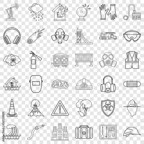 Disaster icons set. Outline style of 36 disaster vector icons for web for any design