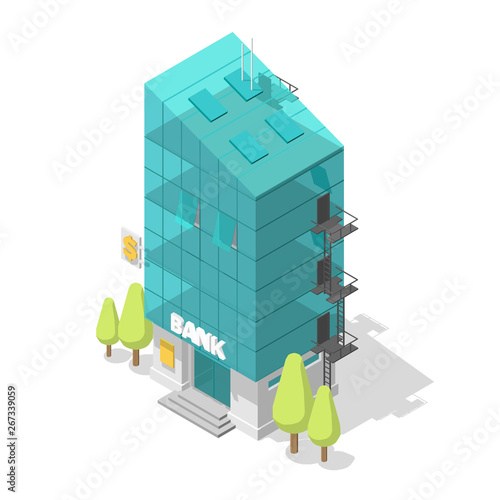 Single bank building. Glass facade suite apartments. Staircase black exit. Modern style architecture. Vector Isometric illustration.