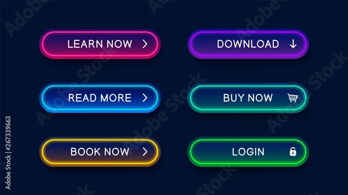 Bright modern neon abstract buttons for website. Vector multicolored neon buttons isolated on dark background. Ready elements for use in web design.