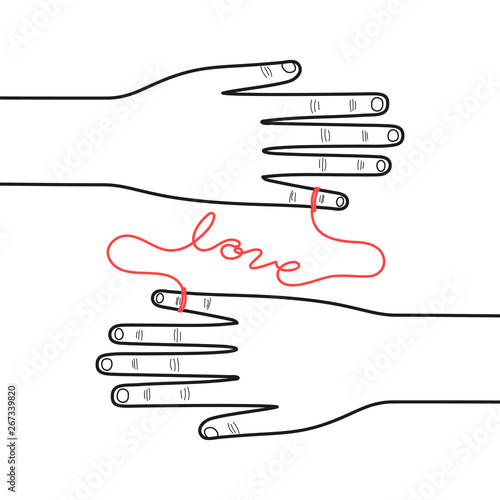 Hands connected by the red string of fate on white background